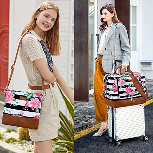 TIBES Travel Weekender Bag for Women, Overnight Bag with Shoe Compartment - color: M-Flower Black & White Strips