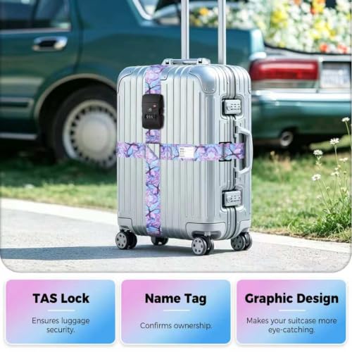 Veki Cross Luggage Straps, TSA Approved with Lock, Purple Butterfly, 1pc - color: Purple Butterfly
