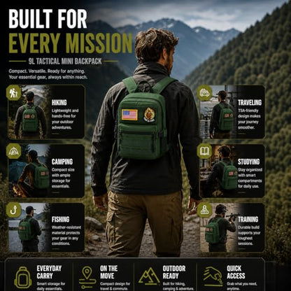9L Mini Tactical Backpack for Men and Women, Gym Hiking Travel Daypack - color: Army Green