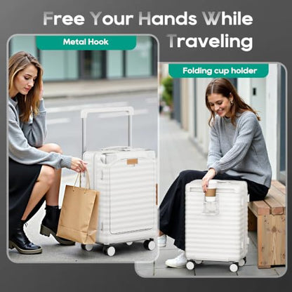Joyway 20 Inch Carry on Luggage with Front Pocket and Cup Holder, White - color: White