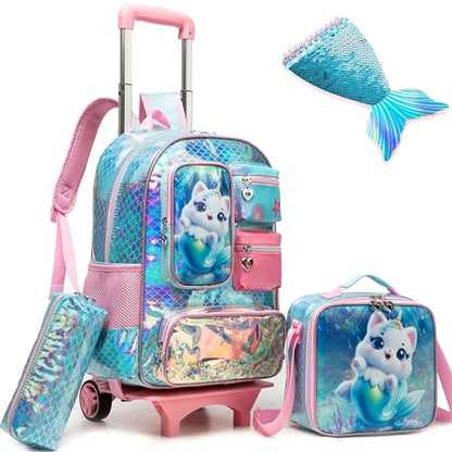 Meetbelify Girls Rolling Backpack with Wheels Kids Wheels Backpack for Girls - color: Cat Mermaid