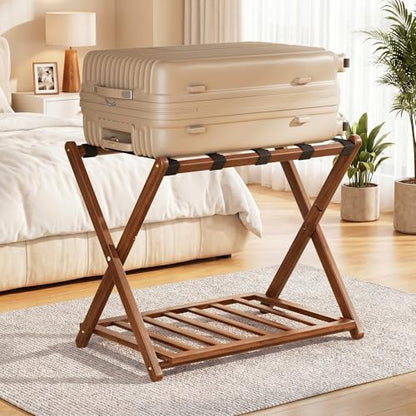 Fully Assembled Foldable Bamboo Luggage Rack for Guest Room - color: Walnut, size: 1 Pack