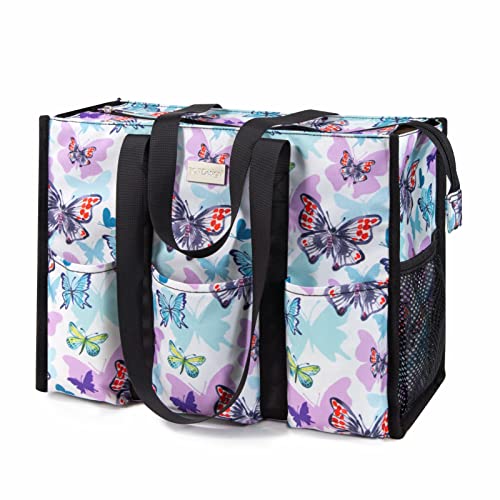 TOPDesign Utility Water Resistant Tote Bag with 13 Pockets, Zipper Closure - color: Butterfly, size: Medium