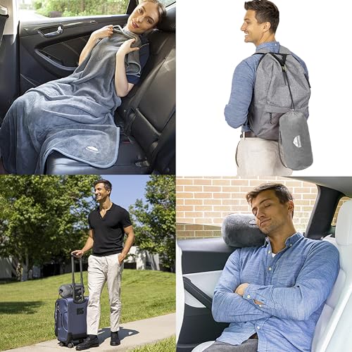 BlueHills Premium Soft Rolled Travel Blanket Airplane Plush Throw - Gray | 70X48 Large Plane Pillow/Blanket, Luggage Strap, Soft Case, Must Have Airplane Essential, Long Flights, Portable, Lightweight - color: R01-gray