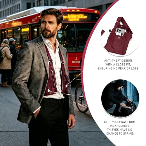 FANNING511 Double Shoulder Armpit Bag for Men Underarm Bag Multi Pocket Underarm Shoulder Bag - color: Burgundy