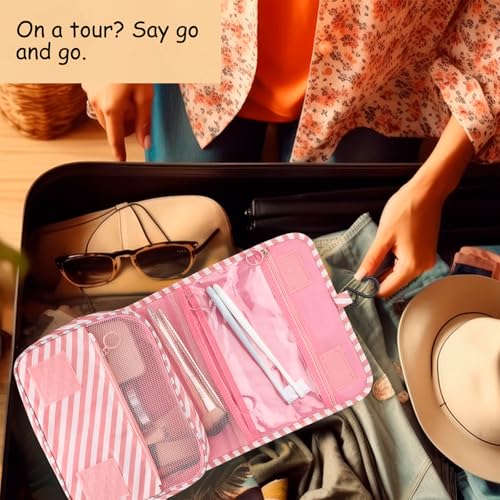 Hanging Toiletry Bag Travel Waterproof Makeup Organizer(Pink Stripe) - color: Pink Stripe