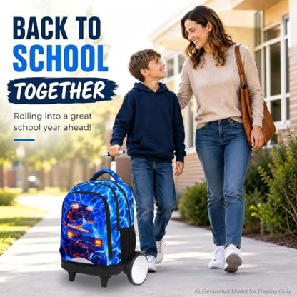 3Pcs Large Rolling Backpack for Boys, 20 Inch Detachable Wheeled Bookbag with Lunch Box, Durable Lightning Truck Roller Backpack for Elementary Middle School (Blue) - color: Large Wheels Truck Blue