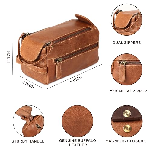 KomalC Buffalo Leather Toiletry Bag for Men & Women, Travel Pouch - color: Chicago Buff