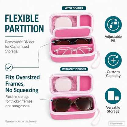 GWCASE Portable 2 in 1 Contact Lens Case and Glasses Case for 2 Pairs - color: Pink and White Zipper