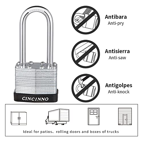 CINCINNO Laminated Steel Padlock with Key，6 Pack Keyed Alike Padlocks with Long Shackle - size: 6 Pack Long Shackle