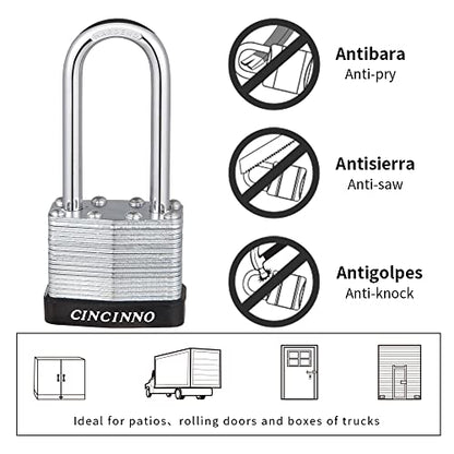 CINCINNO Laminated Steel Padlock with Key，6 Pack Keyed Alike Padlocks with Long Shackle - size: 6 Pack Long Shackle