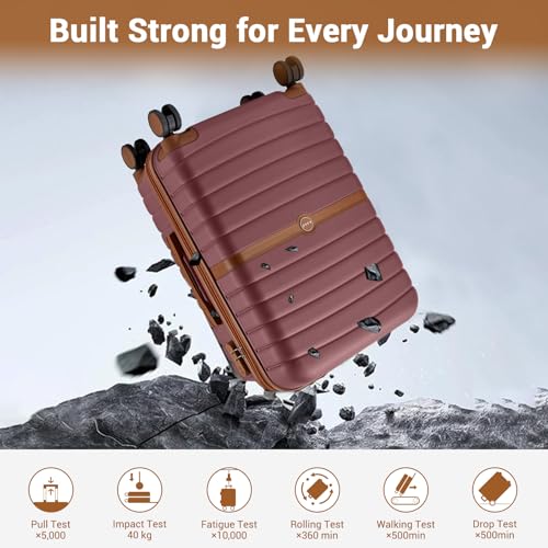 Kono Expandable 28 Inch Luggage with Spinner Wheels, Large Checked Luggage with Lock, Lightweight & Anti-Scratch PC+ABS Hardshell Travel Suitcase, Burgundy/Brown - color: Burgundy/Brown, size: Checked-large 28-inch