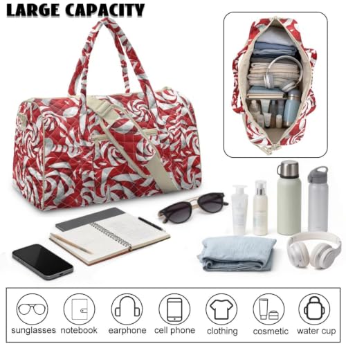 Youngerbaby Christmas Quilted Weekender Duffle Bag for Women Candy Print - color: Red Candy Cane