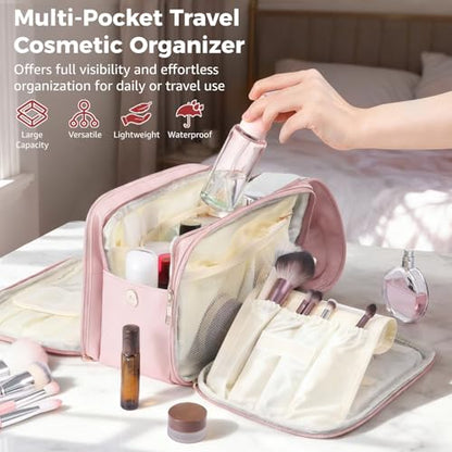 Travel Makeup Bag for Women, Large Capacity Cosmetic Organizer, Multi-Layer Toiletry Bag with Handle, Waterproof PU Leather Portable Makeup Zippered Case with Standing Brush Holder