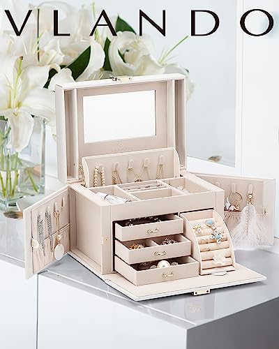 VLANDO Jewelry Boxes & Organizers with Mirror and 3 Drawers,White - color: A.White
