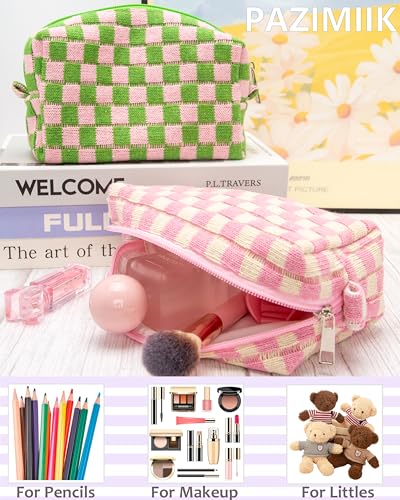 Checkered Makeup Bag for Purse, Small Travel Cosmetic Pouch,Pink Beige - color: Pink Beige