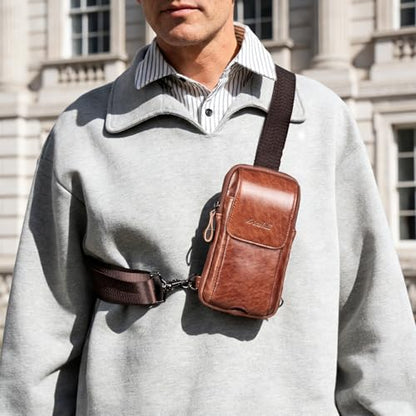 Small Crossbody Bag for Men Women - Genuine Leather Mini Sling Bag with Charging Port - color: Coffe