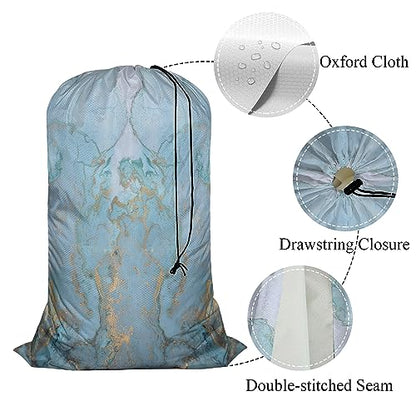 Swono Marble Stone Laundry Bag with Drawstring Closure, Foldable, Compact, Lightweight, 28" X 40" Blue Golden Liquid Lines Packable Dirty Clothes Pouch for College Dorm, Camp, Road Trip, Cruise or Gym - color: Marble Stone