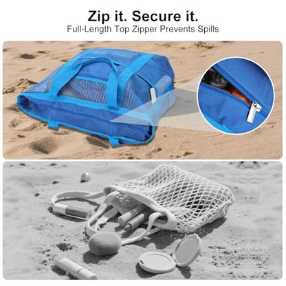 Mesh Beach Bags for Women - Plus Waterproof Sandproof Tote Bag - color: Blue With Top Zipper, size: Large