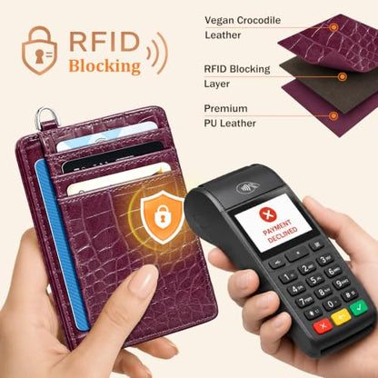 Coco Rossi Crocodile Wallet Women Slim Credit Card Holder with Keychain | Luxury Wallets, Alligator Print, RFID Blocking, ID Case, Small Minimalist, Womens Girls Gift, Plum Croc - color: A Plum Croc