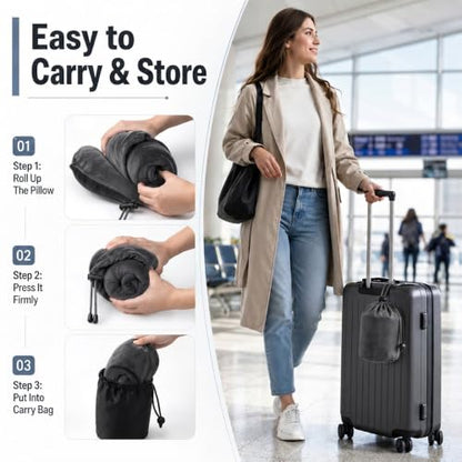 Travel Neck pillow for Airplane, with Large Hood Eye Mask Earplug and Bag - color: Grey