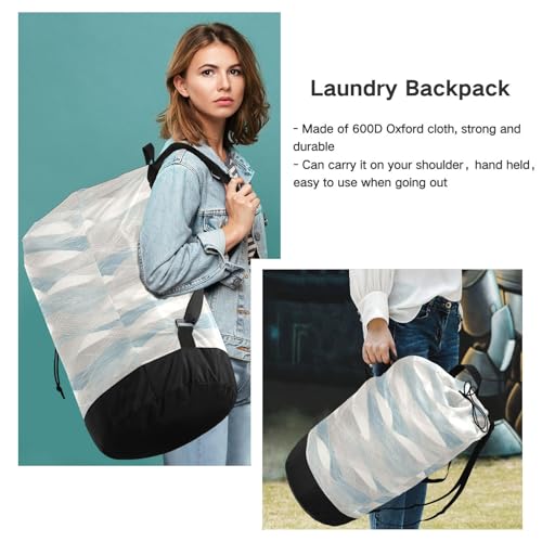 Blue Gray Waves Geometric Ocean Laundry Backpack Bag with Adjustable Shoulder Straps Handle Dirty Laundry Hamper Bag for Traveling Camp College Dorm Heavy Duty Waterproof Large Capacity - color: Blue Gray Waves Geometric Ocean