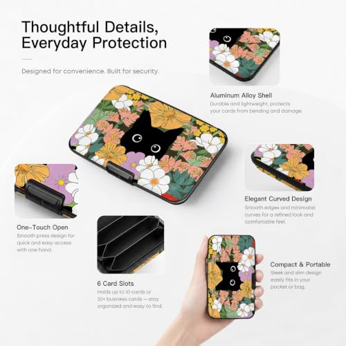 Credit Card Holder RFID Aluminum card case Cat Flowers mini Wallet Women - color: Cat Hiding in Flowers