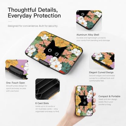 Credit Card Holder RFID Aluminum card case Cat Flowers mini Wallet Women - color: Cat Hiding in Flowers