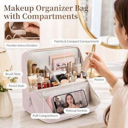 Travel Makeup Bag Standing Folding Leather Cosmetic Organizer with Handle - color: Dusty Pink, size: X-Large