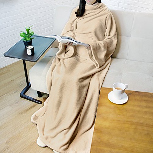 PAVILIA Blanket with Sleeves for Adult Women Men, Soft Warm Wearable Blanket Fleece Wrap Throw, Robe Blanket Gift - color: Latte