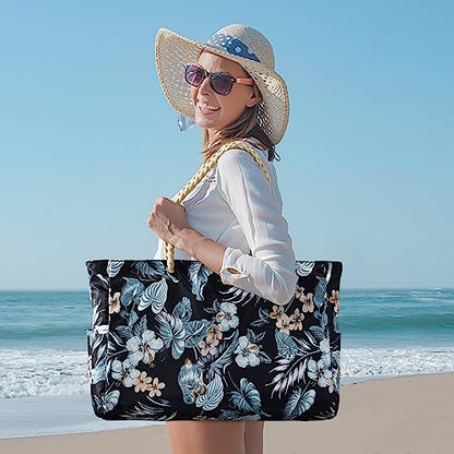 Becokan Beach Bag Large Beach Tote Bag for Women Waterproof Sandproof Swim Pool Bag With Zipper - color: Flower
