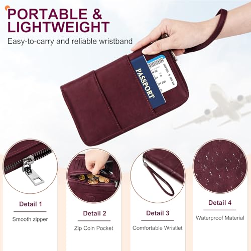 RFID Family Passport Holder Wallet - Travel Document Organizer - color: Wine Red