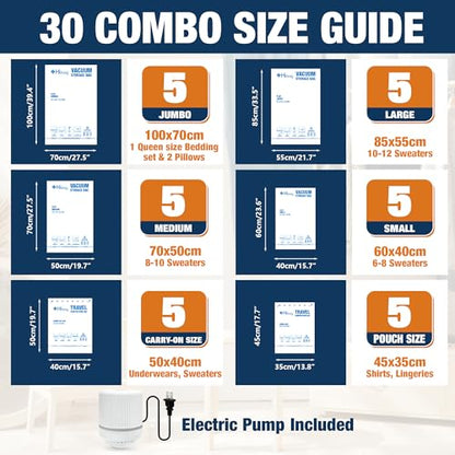 HIBAG Vacuum Storage Bags with Electric Pump, Vacuum Seal Bags for Clothing, Pillows, Blanket Bedding Comforters, 30 pack - size: 30-COMBO