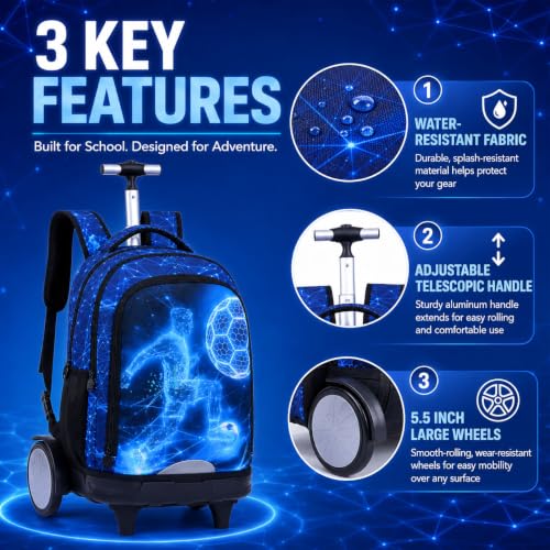 HPJGD Big-Wheel Rolling Backpack for Boys with Lunch Box & Pencil Case - 3-Pack Travel Set Featuring Tech-Style Soccer Player Design, Water-Resistant & Reflective Wheeled Bookbag for School/Trips - color: Cool Rolling Backpack Tech-style Soccer Player