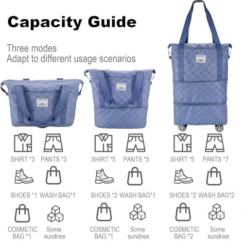 Expandable duffel bag,carry-on large bag with wheels(BLUE Check) - color: BLUE