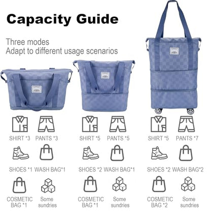 Expandable duffel bag,carry-on large bag with wheels(BLUE Check) - color: BLUE
