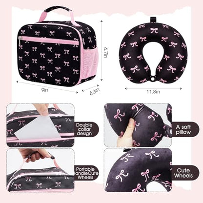 Redbaker 6 Pcs Kids Luggage Set, 17 Inch, Pink and Black Bow | Rolling Suitcase with Backpack Lunch Bag Neck Pillow, Travel Set for Summer Vacation, Sleepover, Back to School Gift - color: Pink and Black