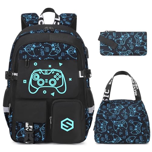 Scothen Boys Backpack, Cool Luminous Kids School Backpacks with Lunch Bag - color: Blue Pattern