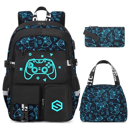 Scothen Boys Backpack, Cool Luminous Kids School Backpacks with Lunch Bag - color: Blue Pattern
