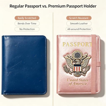 Premium Passport Holder for Travel RFID Blocking Passport Cover Slim - color: Rose Gold