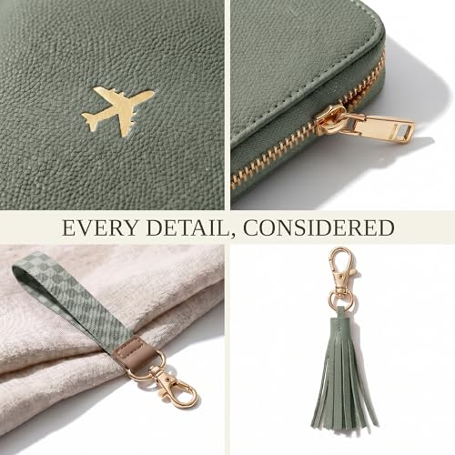 Beautiful Passport Holder And Travel Wallet with Wristlet Strap - color: Sage