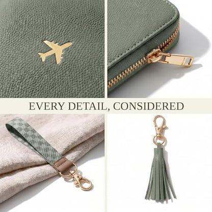 Beautiful Passport Holder And Travel Wallet with Wristlet Strap - color: Sage