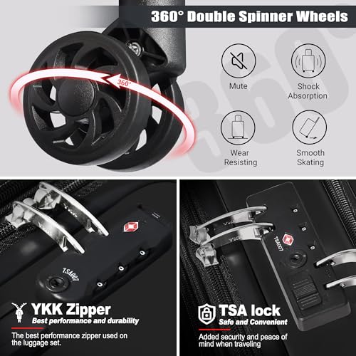 Keytang Classic Lightweight Hardside Expandable Spinner Wheels Luggage Suitcase W/TSA Lock 3-Piece Set with Backpack and Cosmetic Makeup Bag (5 Piece Set,Black) - color: Black, size: 777-5PCS (Front Open)