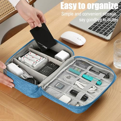 Travel Cable Organizer Pouch Electronic Accessories Carry Case Portable Waterproof Double Layers Storage Bag for Cord, Charger, Phone, Earphone,Blue