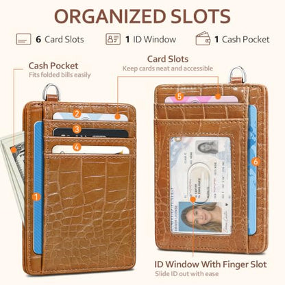 Coco Rossi Crocodile Wallet Women Slim Credit Card Holder with Keychain - color: A Brown Croc