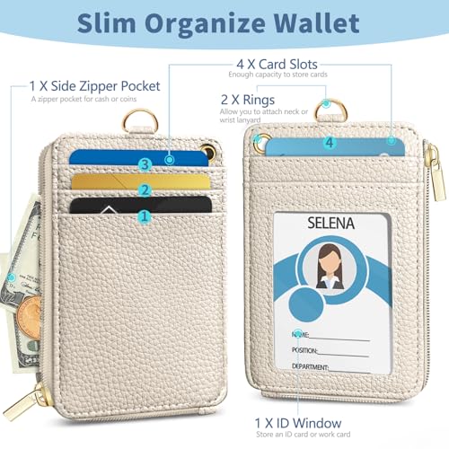 Beige Lanyard Wallet with Id Badge Holder Keychain for Card Women - color: Solid-beige