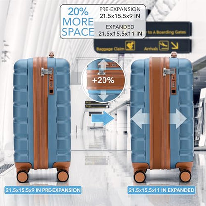 Flight Knight 21.5x15.5x9 Expandable Carry On Suitcase Hardside TSA Lock & USB C Port Lightweight Luggage Silent Double Spinner Wheels Maximum Canada Air Overhead Bag Airlines Approved Blue/Tan - color: Blue/Tan, size: 21.5x15.5x9"