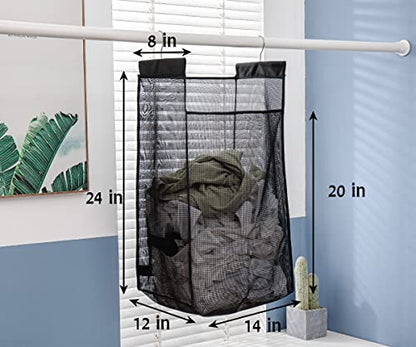 Jelier Hanging Breathable Mesh Laundry Hamper Basket,Portable Heavy Duty Hanging Laundry Bag with Two Hangers (black)