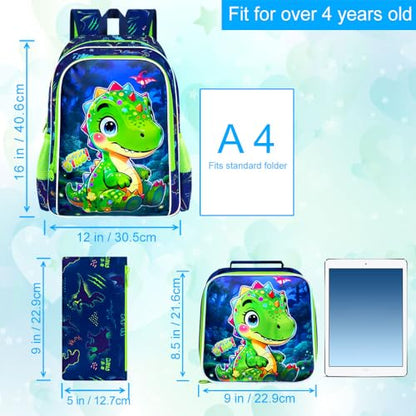 gxtvo 3PCS Boys Dinosaur Backpack Set, 16" Kids Bookbag with Lunch Box, Water Resistant Elementary Preschool Toddler School Bag - Cute Green Dino - color: Toe Dinosaur Green