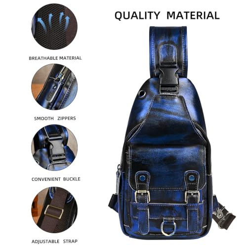 Genuine Leather Hiking Travel DayPack Sling Crossbody Triangle Chest Pack Bag For Men Women 8241 (D-258204 Blue) - color: D-258204 Blue